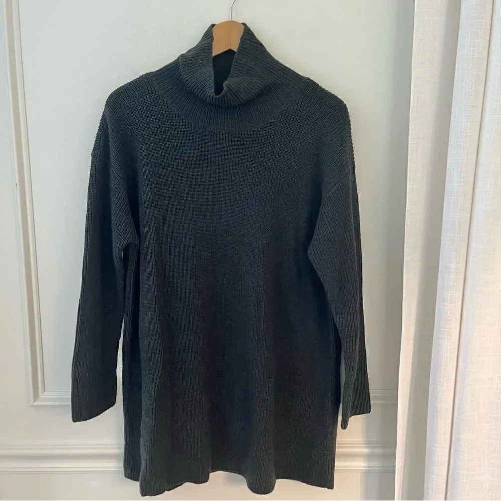 Eileen Fisher Marino Wool Turtleneck Tunic Swearer Dark Gray/Green XS NWT